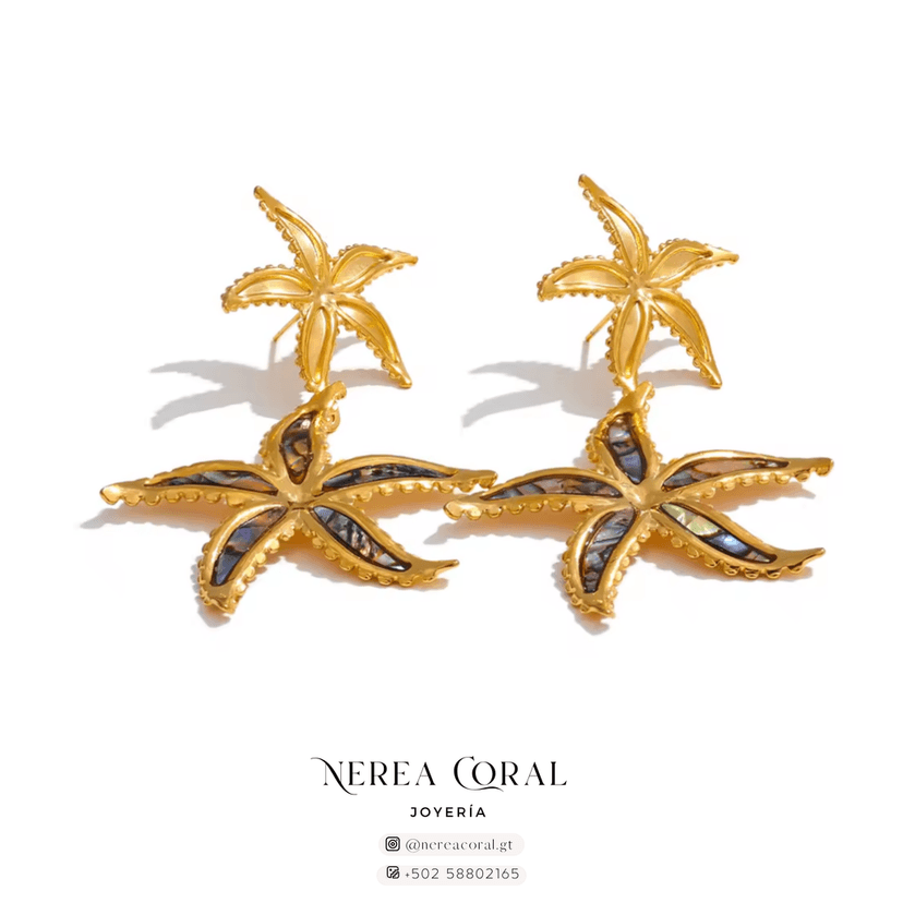 aretes colgantes de ESTRELLA DE MAR dorada concha nacar acero inoxidable guatemala